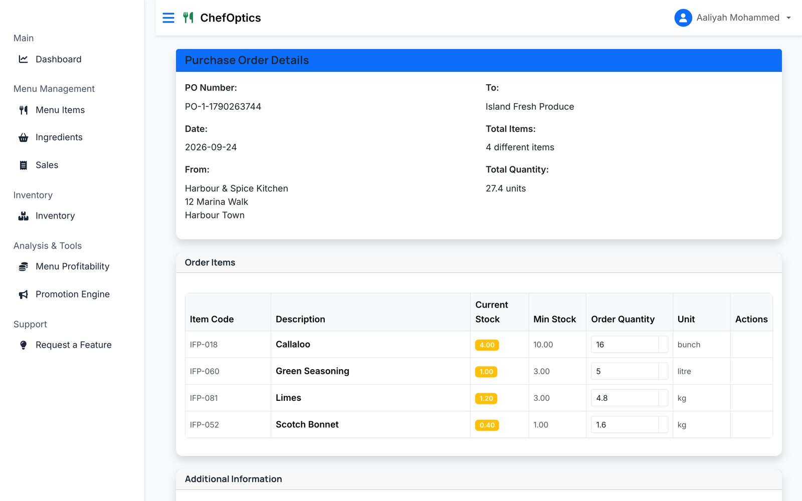 Chef Optics: ordering screen