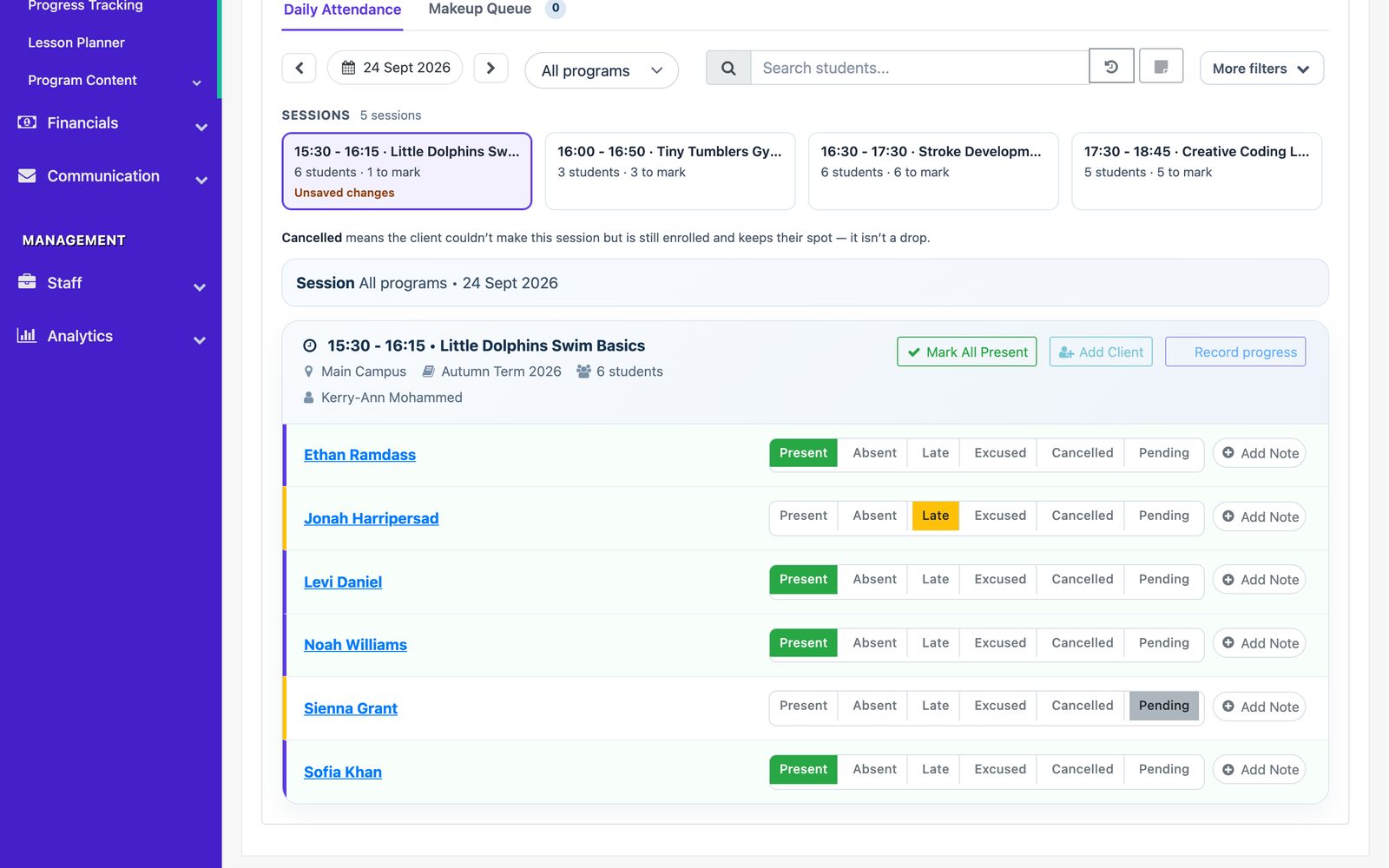 NNERB: attendance screen