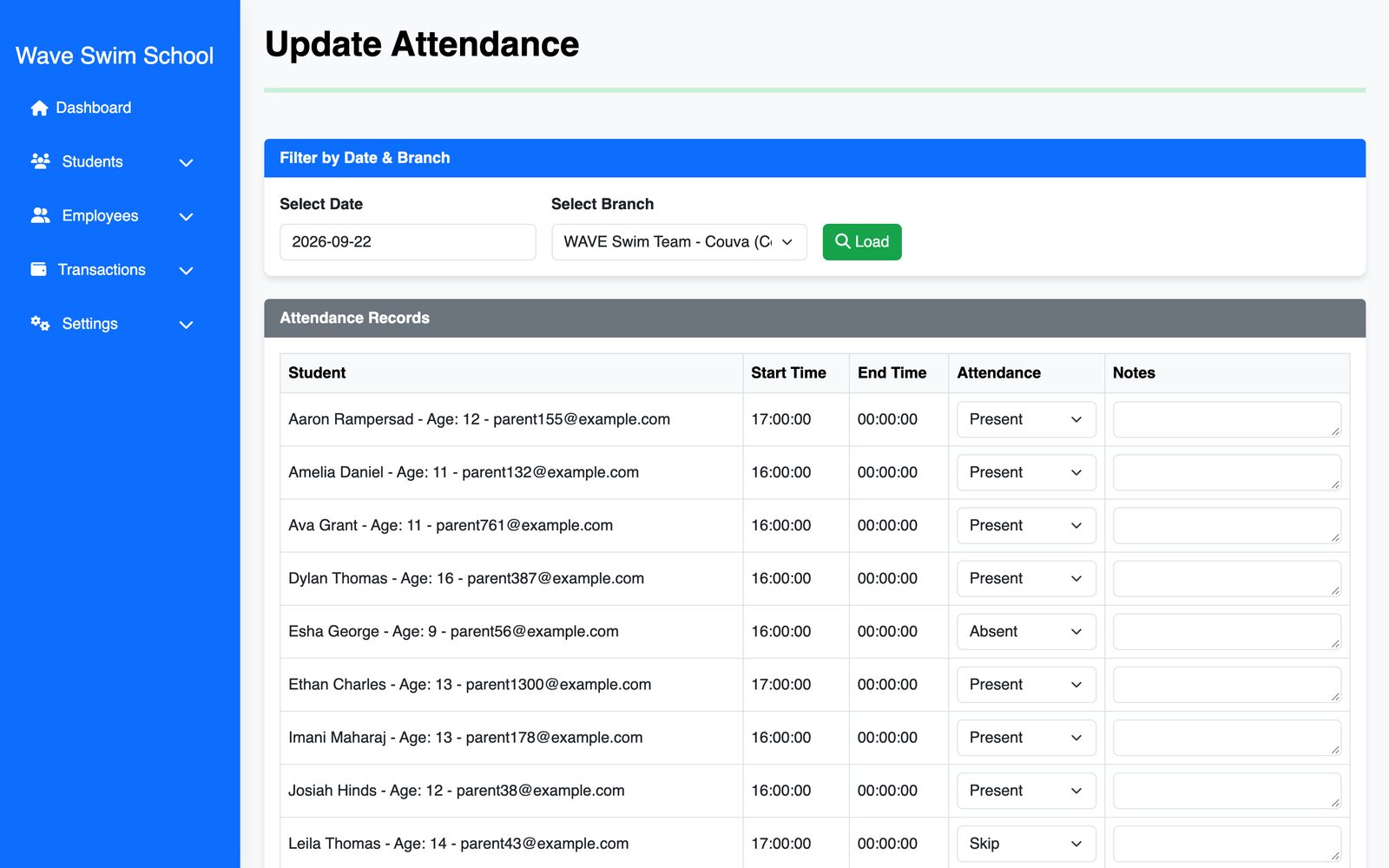 Wave Swim School platform: attendance screen