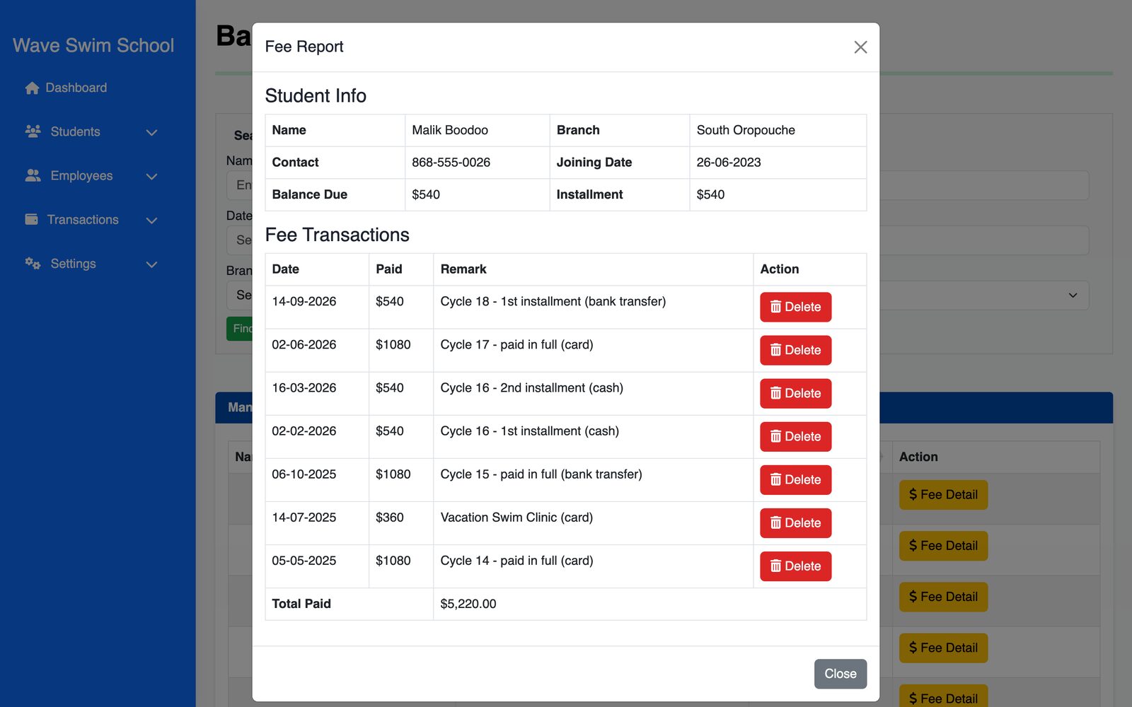 Wave Swim School platform: fees screen