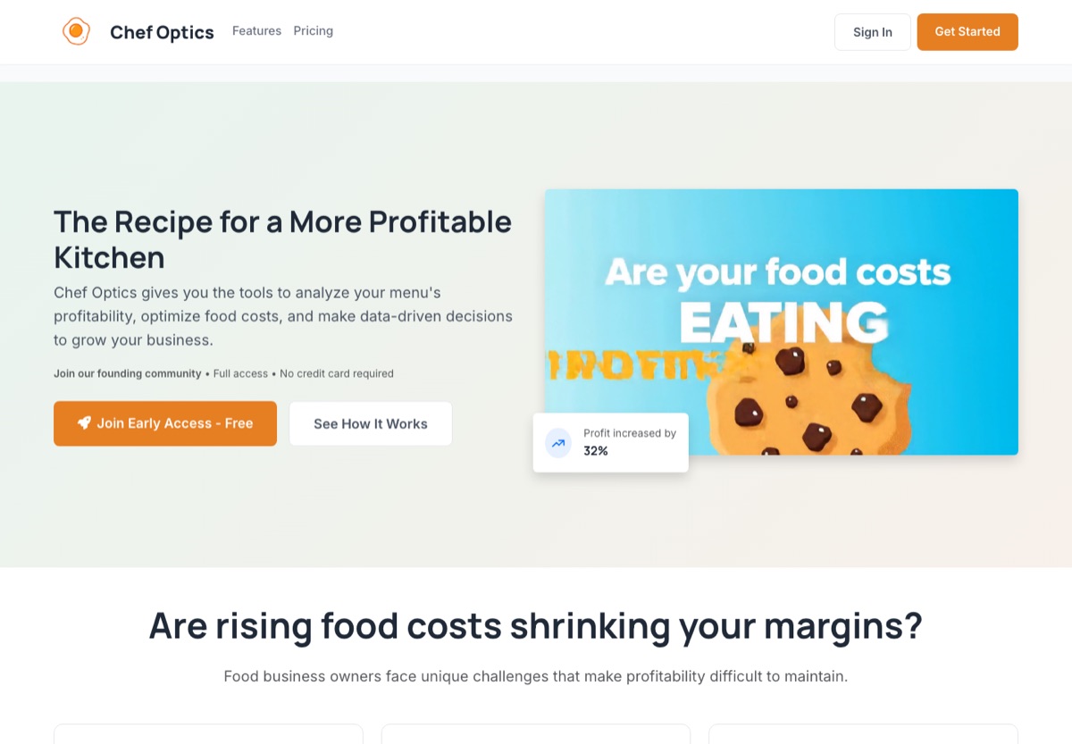 The Chef Optics website, food-cost software built and operated by LLedac